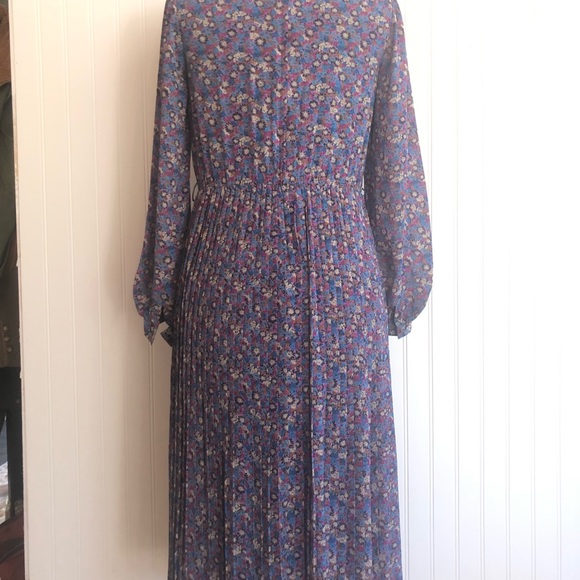 Vintage Ruffles Pleats Floral Dress Long Sleeve Colorful Fuchsia Lavender Silky - Picture 9 of 16